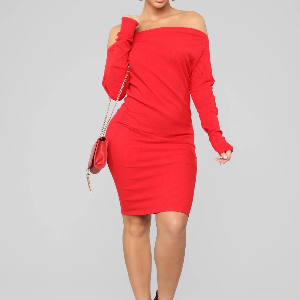 Fashion Nova Red off the shoulder sweater dress.